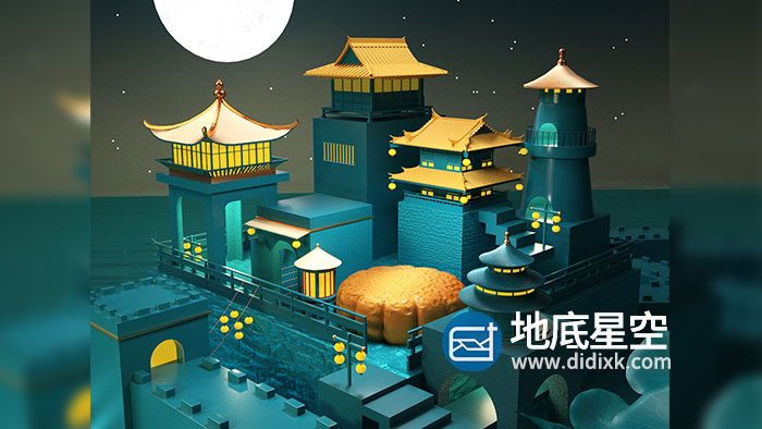 c4d模型-中式风格青绿色仿古建筑中秋c4d创意场景