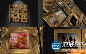 AE模板3D金色框架婚礼纪念日家庭合照生日祝福相册动画