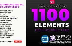 AE模板-视频转场过渡文字标题字幕条包装背景指示线Logo动画工具包 Mega Graphics Pack