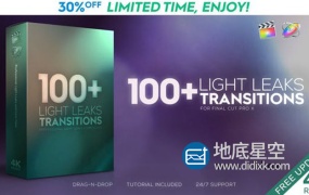 FCPX插件-100种4K唯美漂亮优雅炫光漏光视频光效转场效果Motion模板