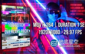 视频素材-100个像素损坏信号干扰故障毛刺抖动闪烁叠加动画 Glitch Overlays Pack