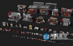 3D模型-未来科幻街道楼房赛博朋克街头商店建筑C4D模型