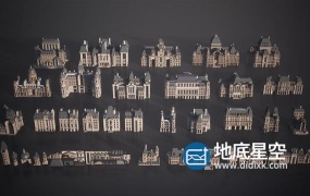 3D模型-法国巴黎哥特式建筑欧洲复古建筑城堡塔别墅庄园房子C4D模型