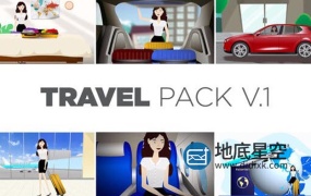 AE模板-卡通人物做飞机汽车旅游人物场景MG动画片头 Travel Pack V1