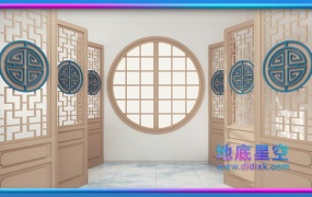 视频素材-中国风元素穿过木质屏风中式房间装饰圆窗打开极具东方美韵背景