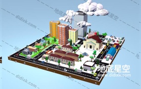 3D模型-低聚城市大楼市政厅小镇建筑C4D模型