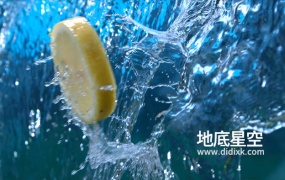 视频素材-柠檬片飞过水帘幕溅起慢动作