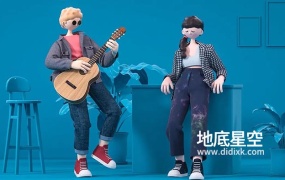 C4D模型-OC弹奏吉它的少年卡通布料人偶场景模型