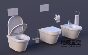 3D模型-卫生间镀铬浴盆马桶坐厕纸毛巾马桶刷子C4D模型