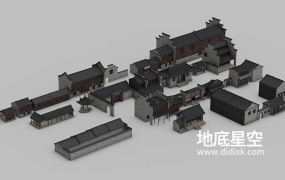 3D模型-中式古建筑群古镇明清街道房子C4D模型