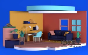 3D模型-卡通房间组装生成C4D动画