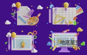 3D模型-10个图形设计界面3D卡通图标插画C4D模型
