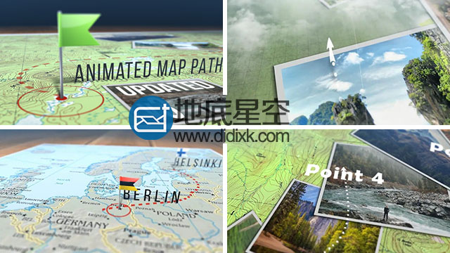 AE模板全球地图徒步旅游路线旅行标志地点连接路径