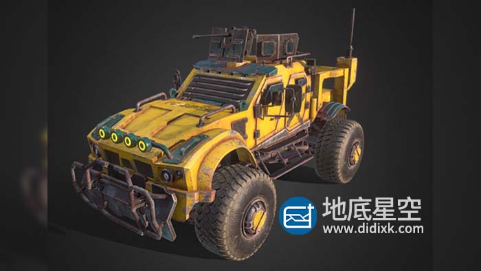 3D模型-锈迹斑斑的黄色武装越野汽车C4D模型