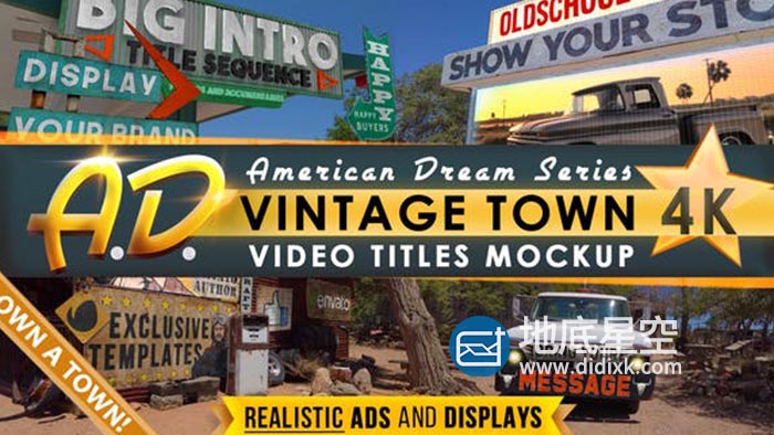 AE模板-户外场景三维透视道路生锈的广告牌海报宣传展示动画 Vintage Town Titles Intro AD