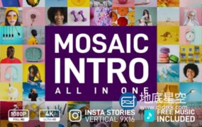AE模板-马赛克图片汇聚多屏幕照片墙展示Logo动画片头 Mosaic Intro