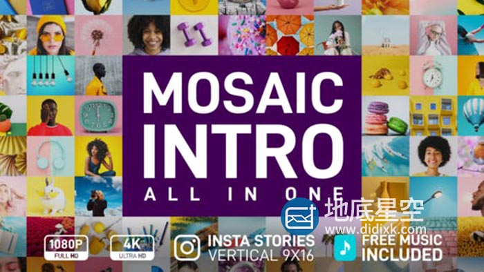 AE模板-马赛克图片多屏幕照片墙展示Logo动画片头 Mosaic Intro