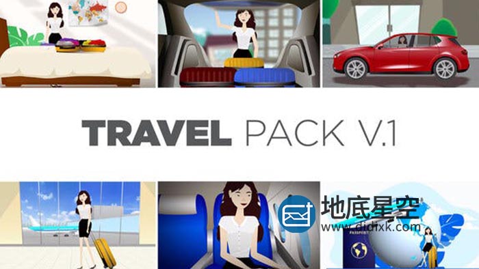 AE模板-卡通人物做飞机汽车旅游人物场景MG动画片头 Travel Pack V1