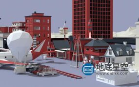 C4D模型-枣红色的卡通建筑场景模型