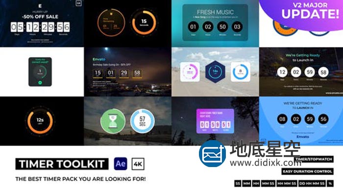 AE模板-20组优雅数字秒表日历翻转加载器倒计时图形动画 Countdown Timer Toolkit V2