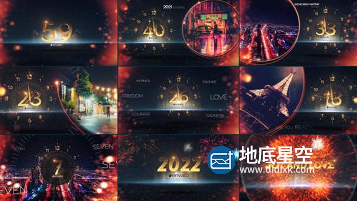 AE模板-大气数字时钟2022新年快乐60秒新年倒计时烟花开场片头