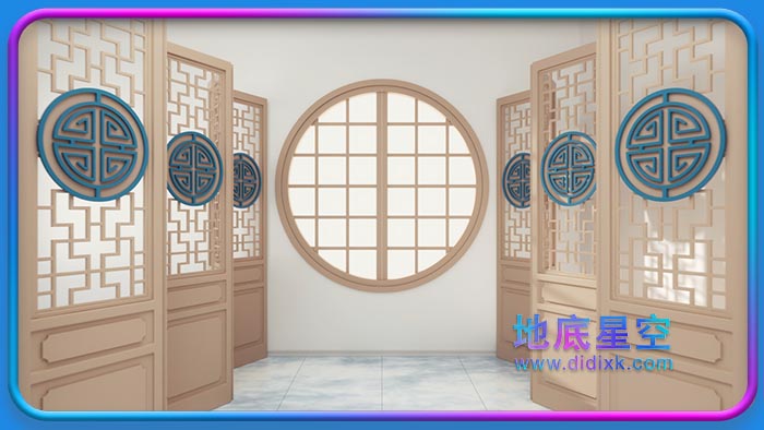 视频素材-中国风元素穿过木质屏风中式房间装饰圆窗打开极具东方美韵背景