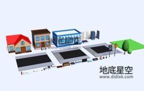 3D模型-低面卡通城市商店路标道路家具C4D模型包