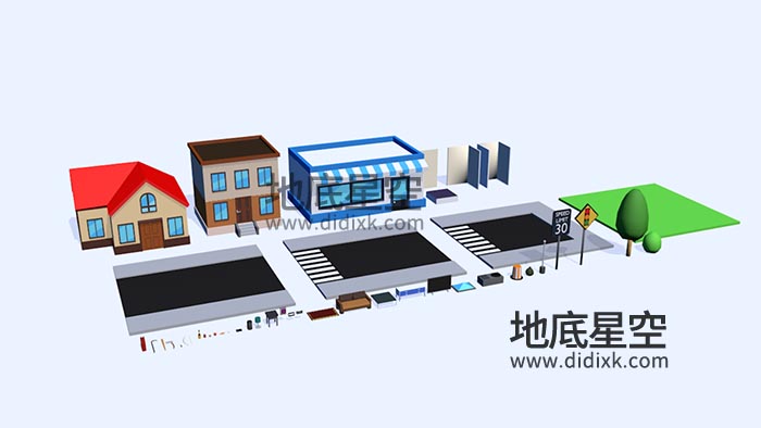 3D模型-低面卡通城市商店路标道路家具C4D模型包