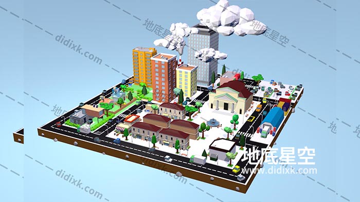 3D模型-低聚城市大楼市政厅小镇建筑C4D模型
