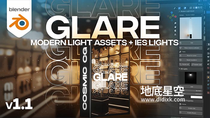 Blender插件-现代室内灯具灯光效果工具 Glare V1.1 – Modern Light Asset + Ies Light