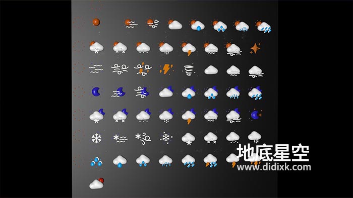 3D模型-57个卡通天气多云阴天晴天小雨暴雨雷电云朵月亮立体图标模型合集