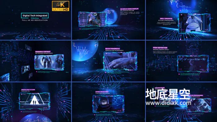 AE模板-蓝色未来数字科技集成电路全息投影图文视频展示介绍动画