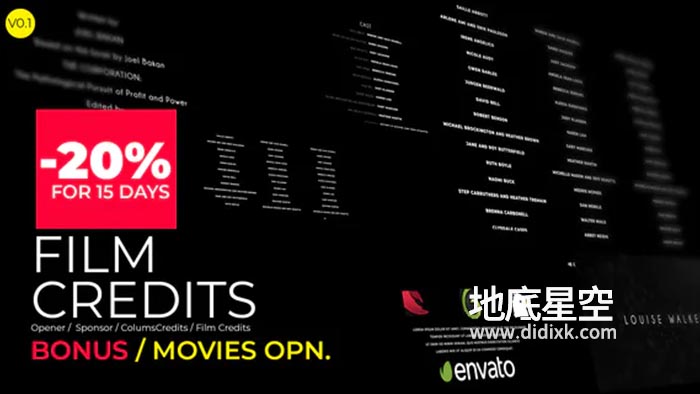 AE模板-电影开场片头片尾结束文字标题滚动字幕效果 Film Credits And Movies Opener