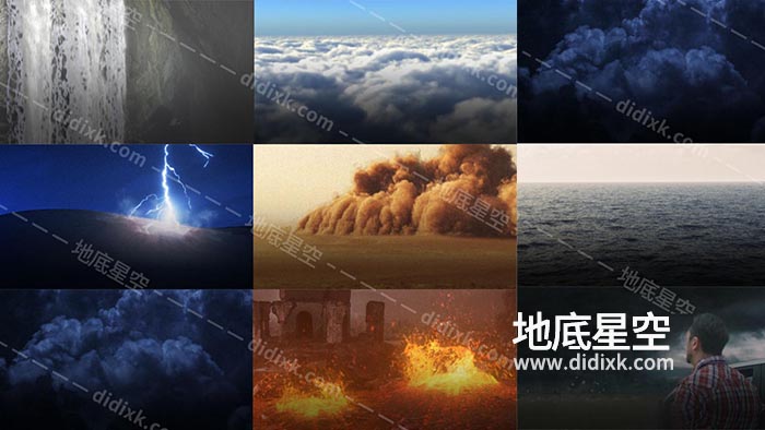 视频素材-闪电云层下雨雪瀑布龙卷风沙尘暴水面地面岩浆破碎特效