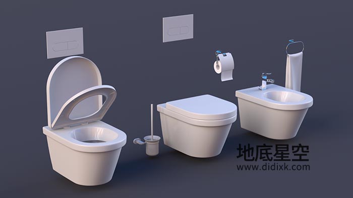 3D模型-卫生间镀铬浴盆马桶坐厕纸毛巾马桶刷子C4D模型