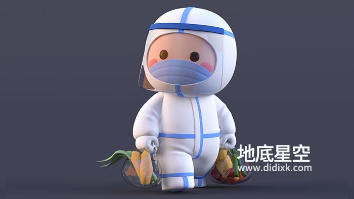 C4D模型-大白医护人员穿防护服手提蔬菜的白衣天使核酸志愿者卡通人物角色