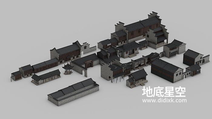 3D模型-中式古建筑群古镇明清街道房子C4D模型