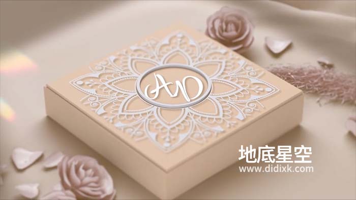 AE模板-唯美浪漫高端优雅的布料花饰3D礼盒揭开婚礼请柬活动邀请函动画