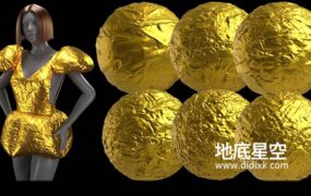 贴图素材-37幅金色的褶皱尼龙塑料纸张金属布料凹凸置换贴图