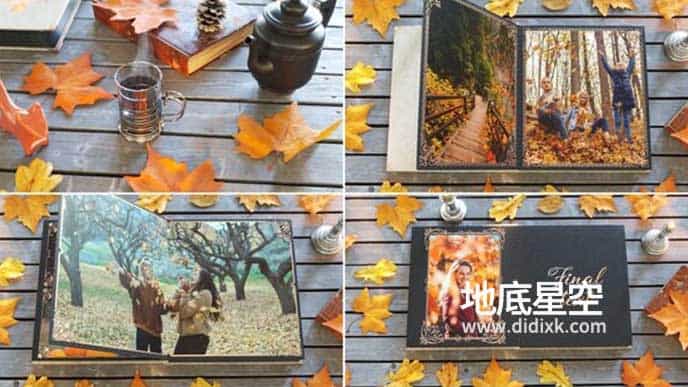 AE模板-唯美f复古的的秋季森林树叶照片幻灯片相册翻页动画