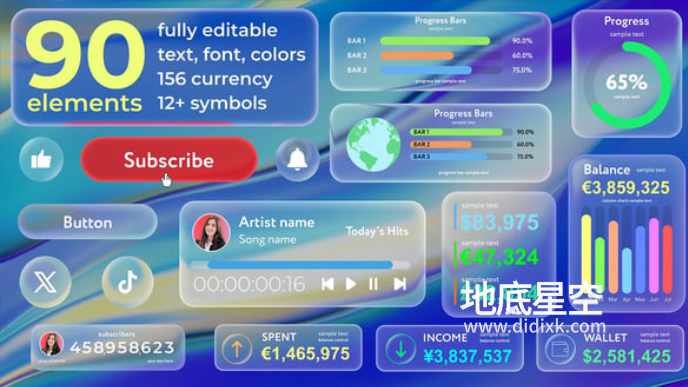 AE/PR模板-液态玻璃透明小部件数据可视化按钮感弹窗UI可视化展示动画