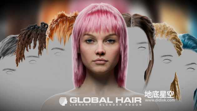 Blender插件-角色发型库头发胡须资产预设插件 Global Hair V1.0