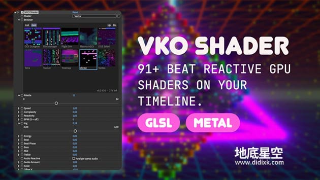 AE插件-中文汉化 VKO Shader v1.3 Win/Mac 音乐可视化音频响应实时VJ视觉特效插件