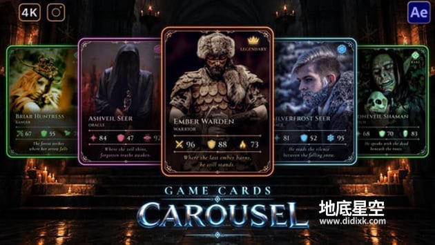 AE模板-史诗奇幻RPG游戏角色卡牌轮播展示动画 Tabletop Game Cards Carousel