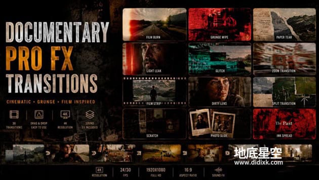 AE模板-电影级纪录片镜头切换动态转场特效 Documentary Pro FX Transitions