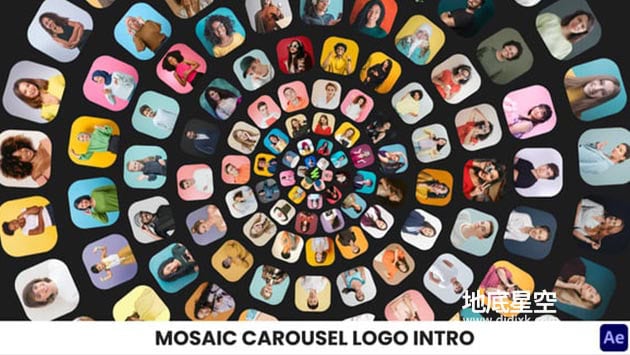 AE模板-130个图片占位符马赛克照片拼贴旋转轮播LOGO片头动画 Mosaic Carousel Logo Intro