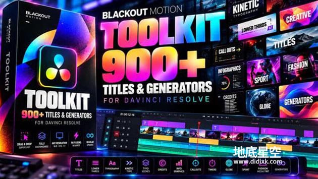 达芬奇模板-900多种动态文字标题字幕条信息图表动画特效合集 Blackout Motion Toolkit