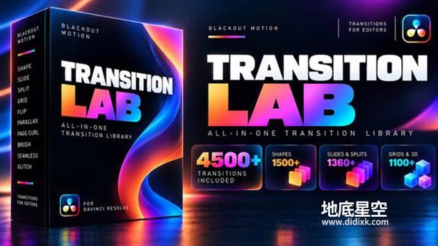 达芬奇模板-4592种无缝转场缩放旋转故障特效预设合集 Transition Lab